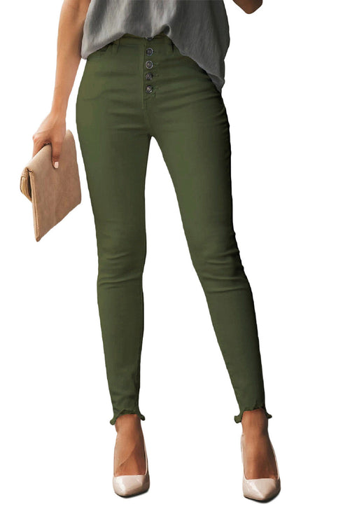 Plain High Waist Buttons Frayed Cropped Denim Jeans
